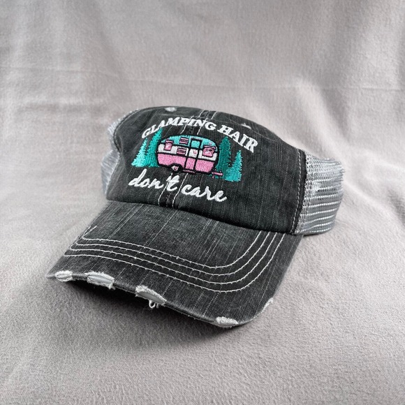 Glamping Hair Don't Care Hat Womens Gray Distressed Mesh Back - Picture 10 of 10